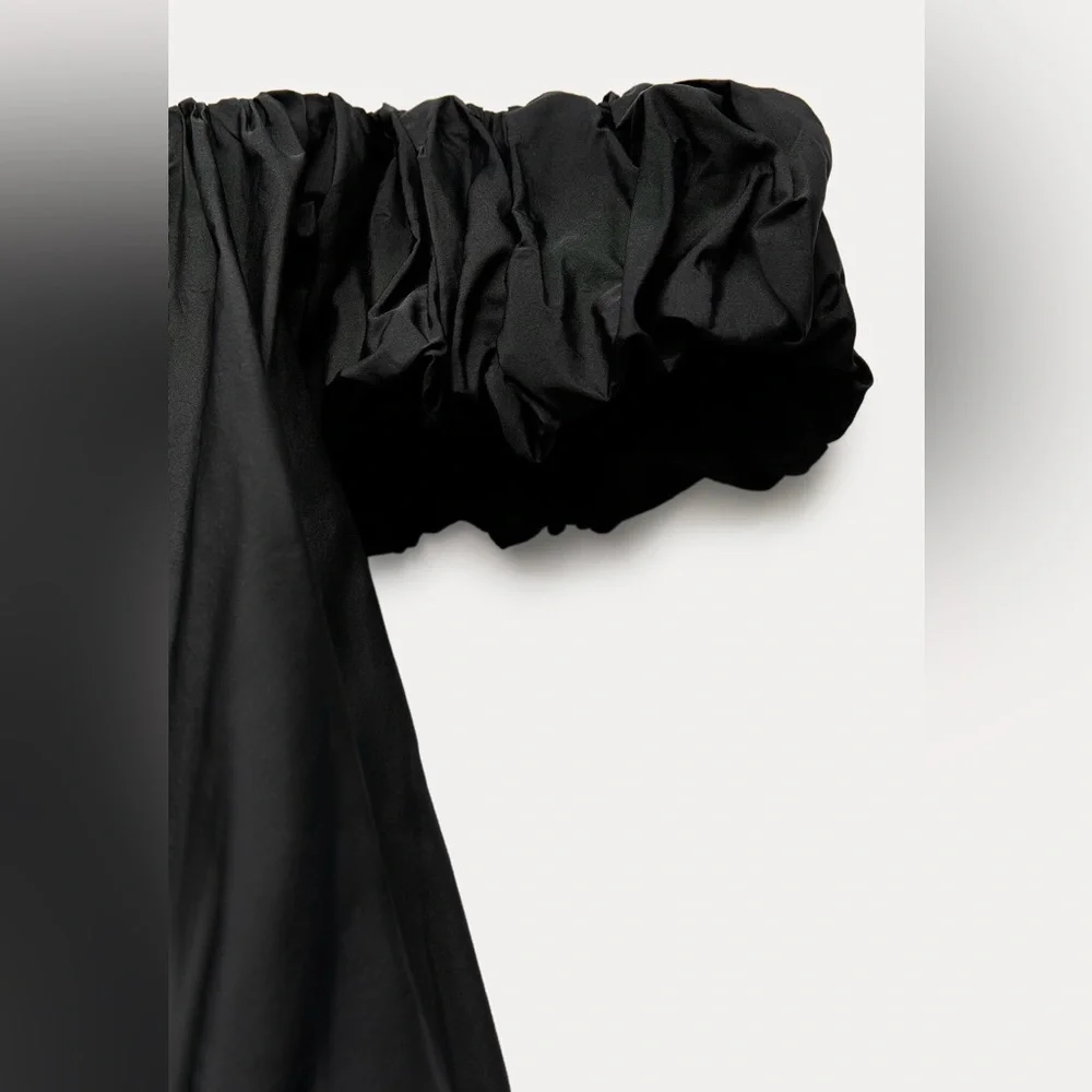 NWT ZARA Off Shoulder TAFFETA Black Mini Dress Balloon Dress Small With Lining - Picture 8 of 11